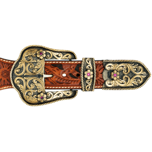 A custom western three piece belt buckle set featuring golden bronze accents and little flowers with pink zirconias